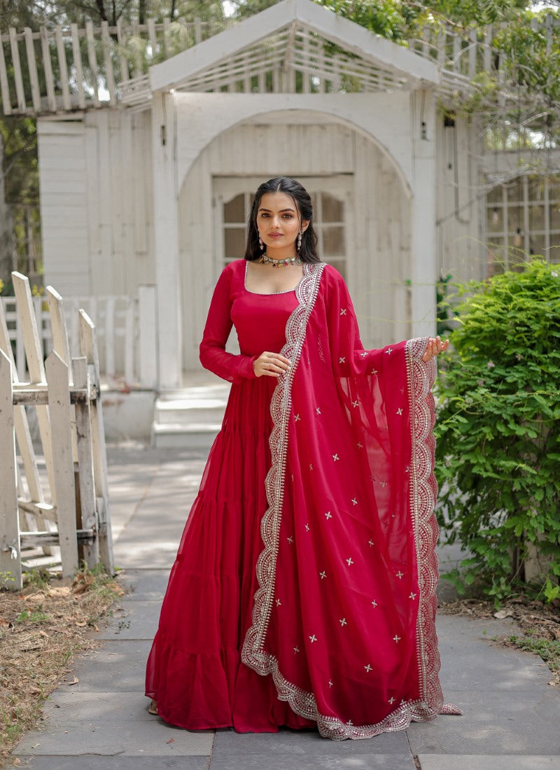 Pink Georgette Anarkali Gown With Sequins and Embroidery Work