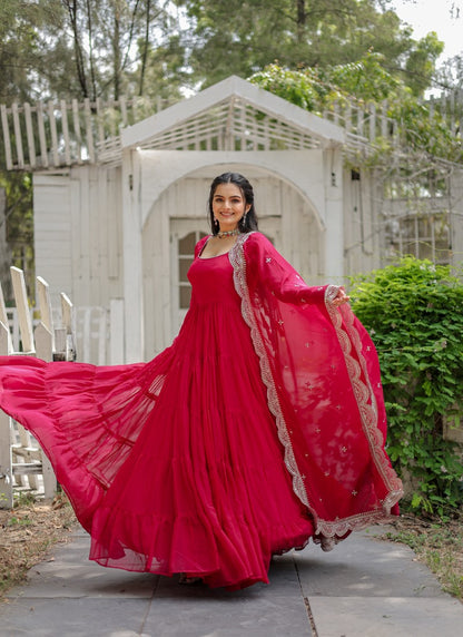 Pink Georgette Anarkali Gown With Sequins and Embroidery Work