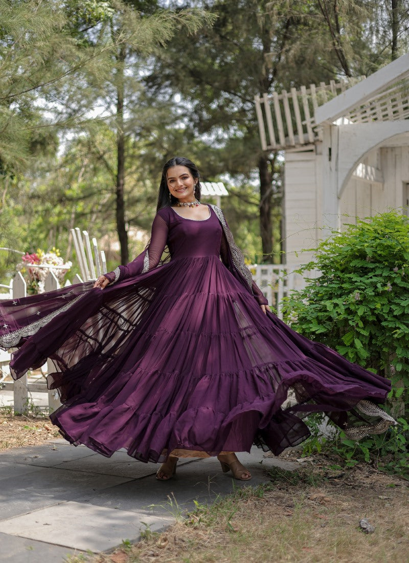 Wine Georgette Anarkali Gown With Sequins and Embroidery Work