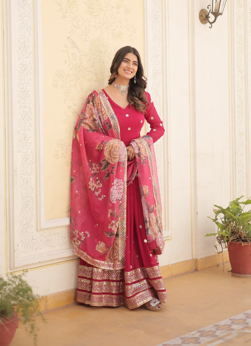 Pink Georgette Anarkali Gown With Sequins and Embroidery Work