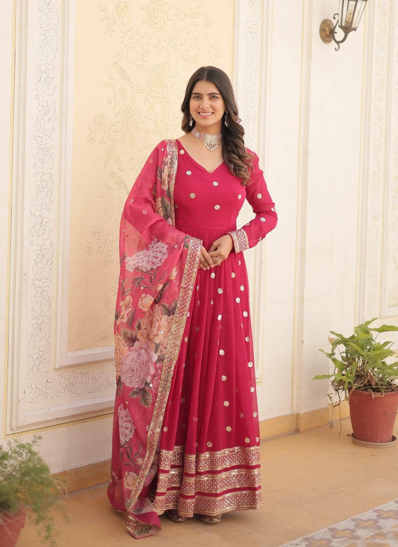 Pink Georgette Anarkali Gown With Sequins and Embroidery Work