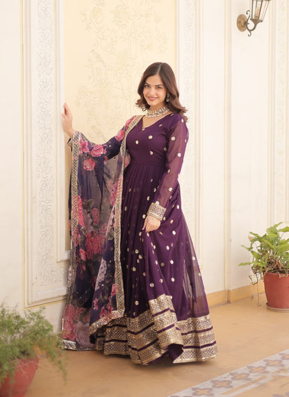 Purple Georgette Anarkali Gown With Sequins and Embroidery Work