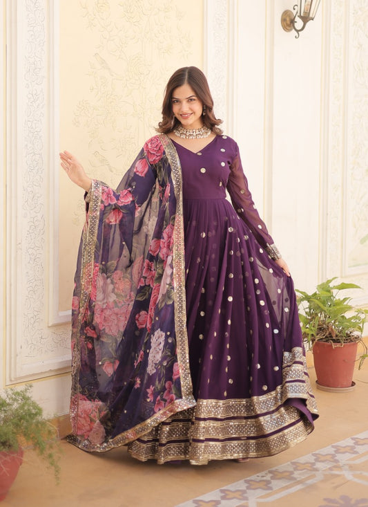 Purple Georgette Anarkali Gown With Sequins and Embroidery Work