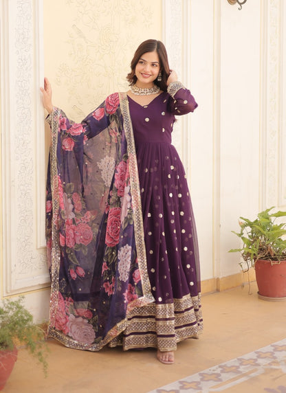 Purple Georgette Anarkali Gown With Sequins and Embroidery Work