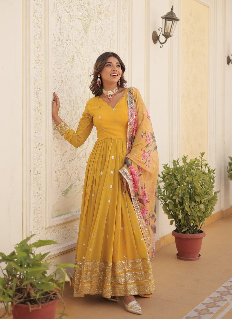 Yellow Georgette Anarkali Gown With Sequins and Embroidery Work