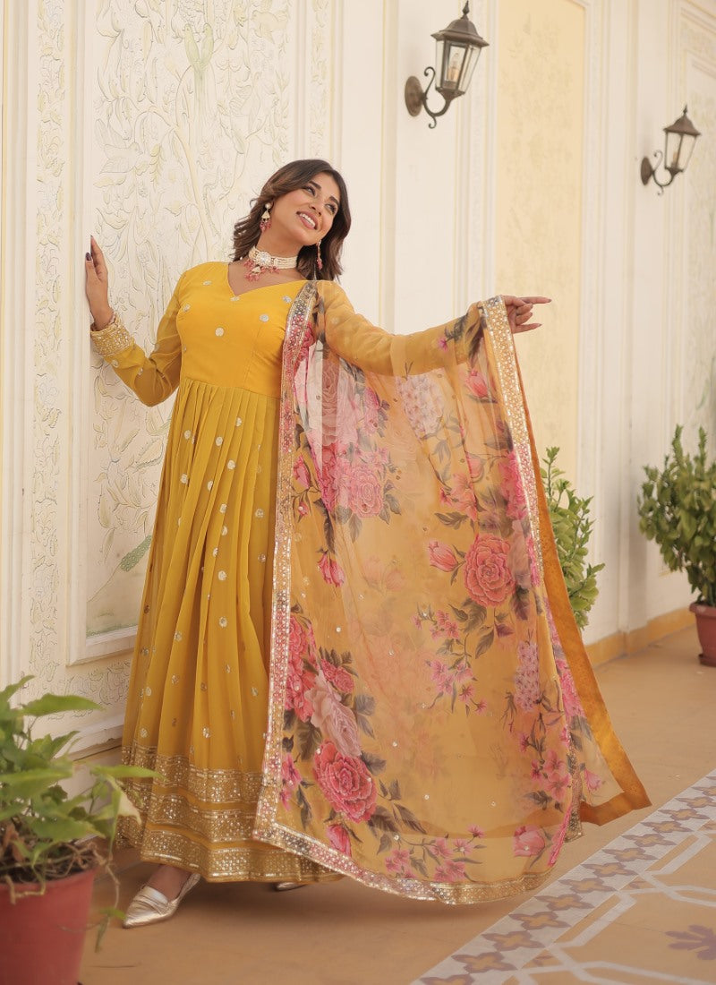 Yellow Georgette Anarkali Gown With Sequins and Embroidery Work