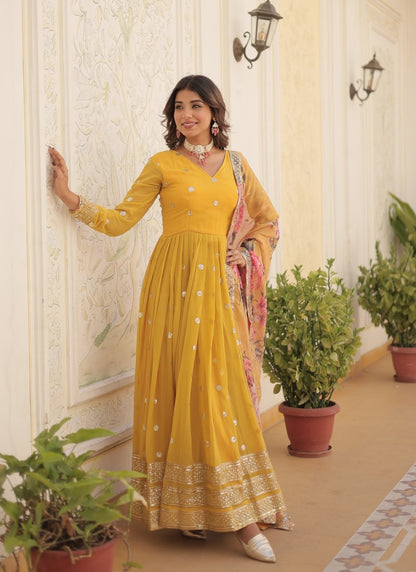 Yellow Georgette Anarkali Gown With Sequins and Embroidery Work