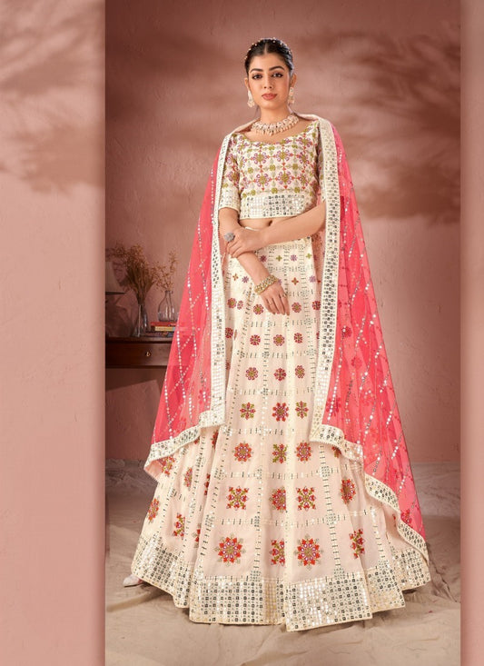 Off white Georgette Lehenga Choli With Sequins and Thread Work