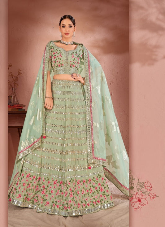 Pista Green Georgette Lehenga Choli With Sequins and Thread Work