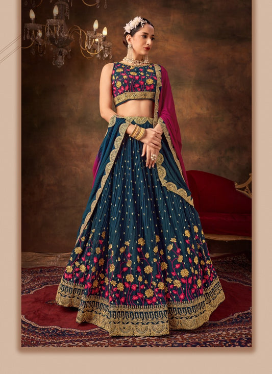 Blue Georgette Party Wear Lehenga Choli With Sequins and Thread Work