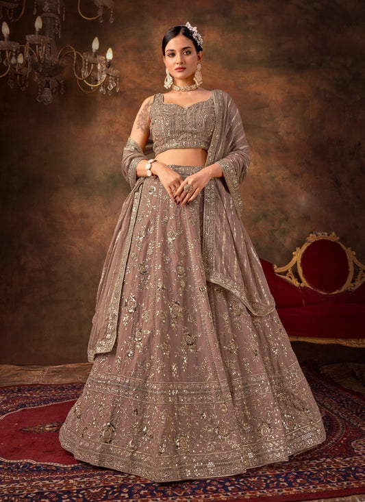 Brown Georgette Party Wear Lehenga Choli With Sequins and Thread Work
