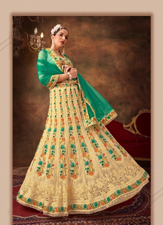 Cream Net Party Wear Lehenga Choli With Sequins and Thread Work
