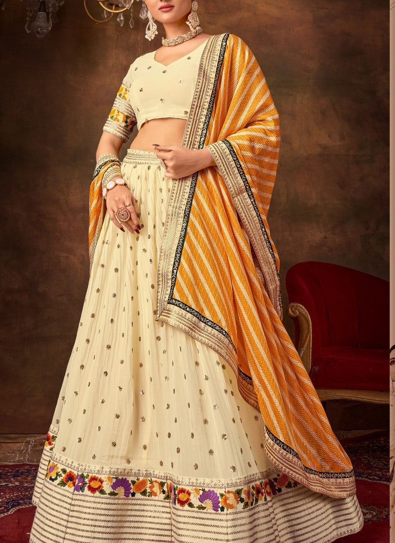 Off white Georgette Party Wear Lehenga Choli With Sequins and Thread Work