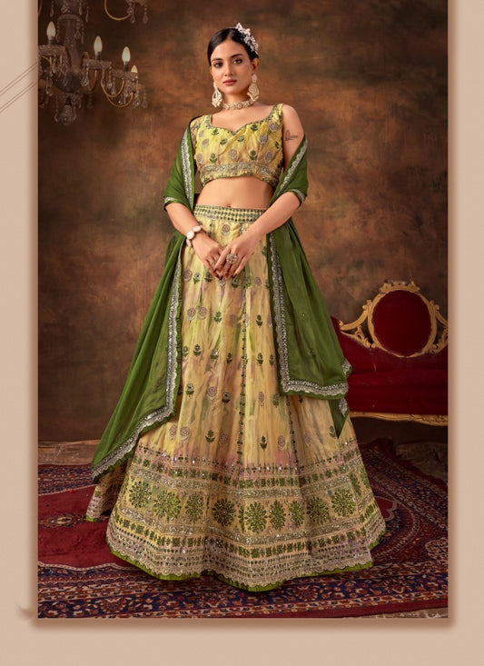 Pista Green Organza Party Wear Lehenga Choli With Sequins and Thread Work