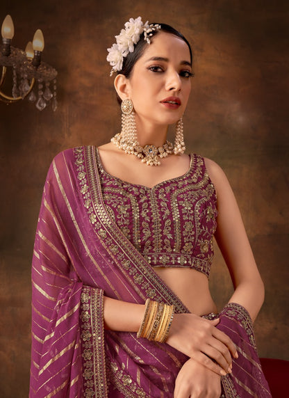 Wine Georgette Party Wear Lehenga Choli With Sequins and Thread Work