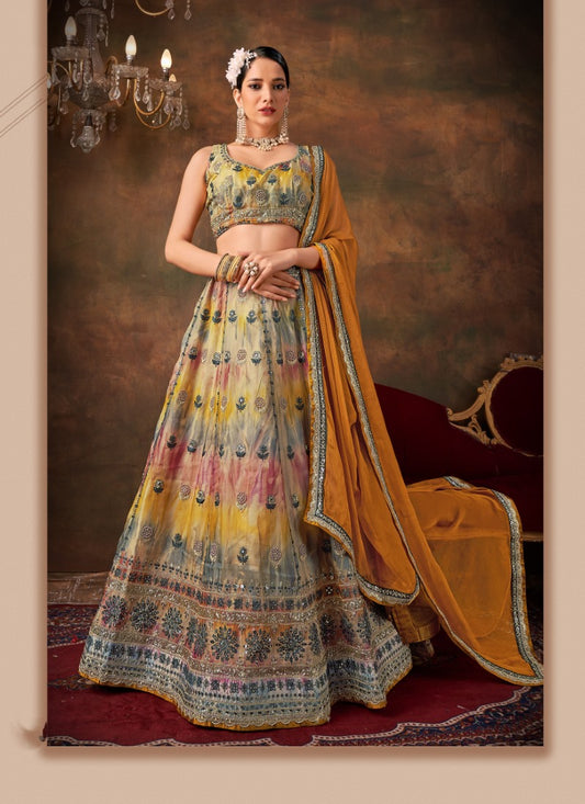 Multi Color Organza Party Wear Lehenga Choli With Sequins and Thread Work