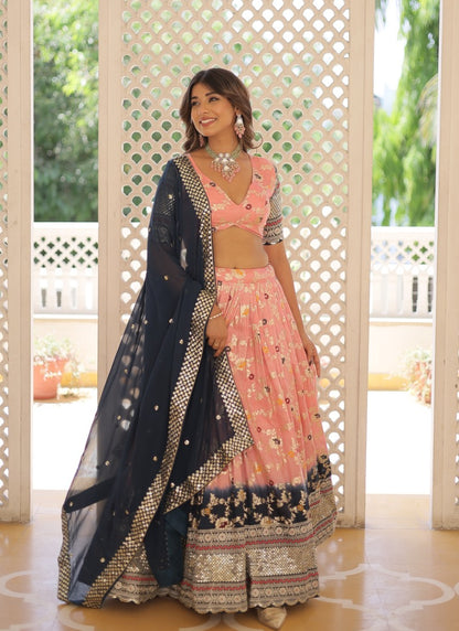 Peach Viscose Lehenga Choli With Embroidered and Sequins Work