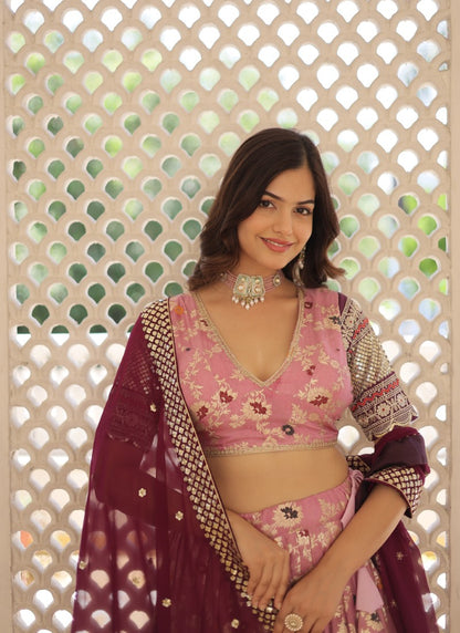 Pink Viscose Lehenga Choli With Embroidered and Sequins Work