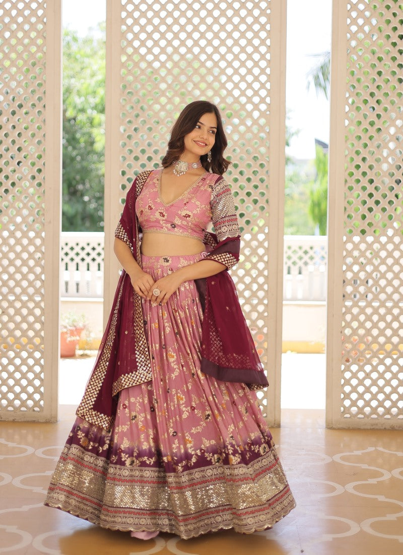 Pink Viscose Lehenga Choli With Embroidered and Sequins Work