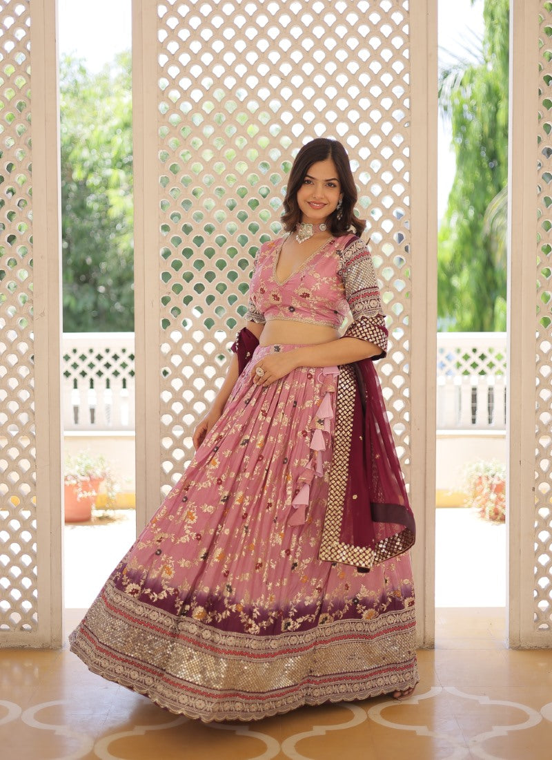 Pink Viscose Lehenga Choli With Embroidered and Sequins Work