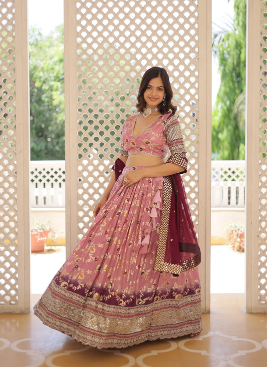 Pink Viscose Lehenga Choli With Embroidered and Sequins Work