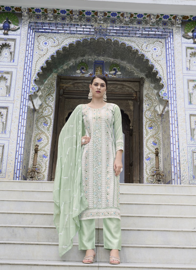 Light Green Georgette Long Salwar Suit With Sequins and Moti Work