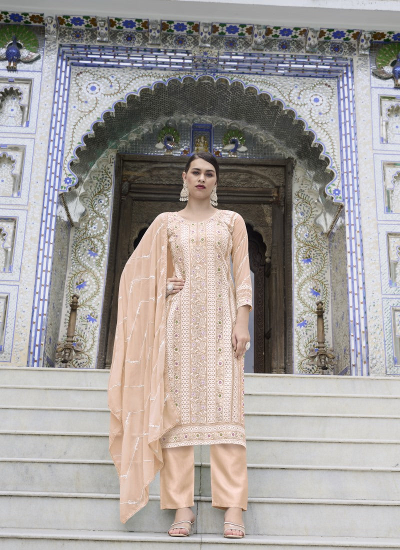 Peach Georgette Long Salwar Suit With Sequins and Moti Work