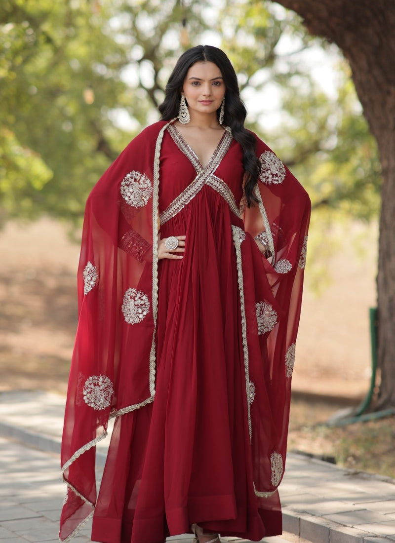 Maroon Georgette Long Anarkali Suit With Embroidery, Sequins Work and Zari Work