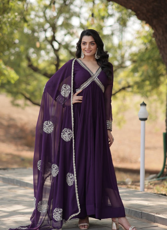 Purple Georgette Long Anarkali Suit With Embroidery, Sequins Work and Zari Work