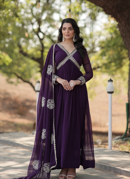 Purple Georgette Long Anarkali Suit With Embroidery, Sequins Work and Zari Work