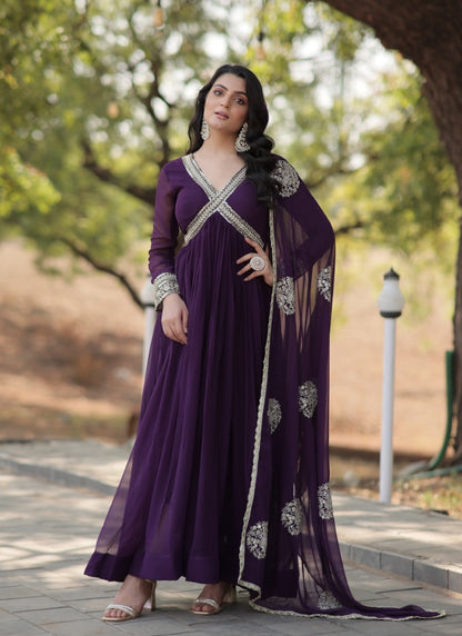 Purple Georgette Long Anarkali Suit With Embroidery, Sequins Work and Zari Work