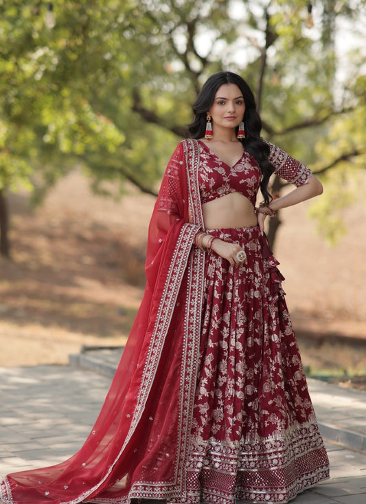 Maroon Viscose Lehenga Choli With Embroidered and Sequins Work