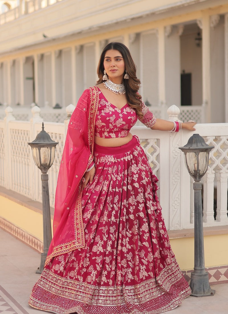 Pink Viscose Lehenga Choli With Embroidered and Sequins Work