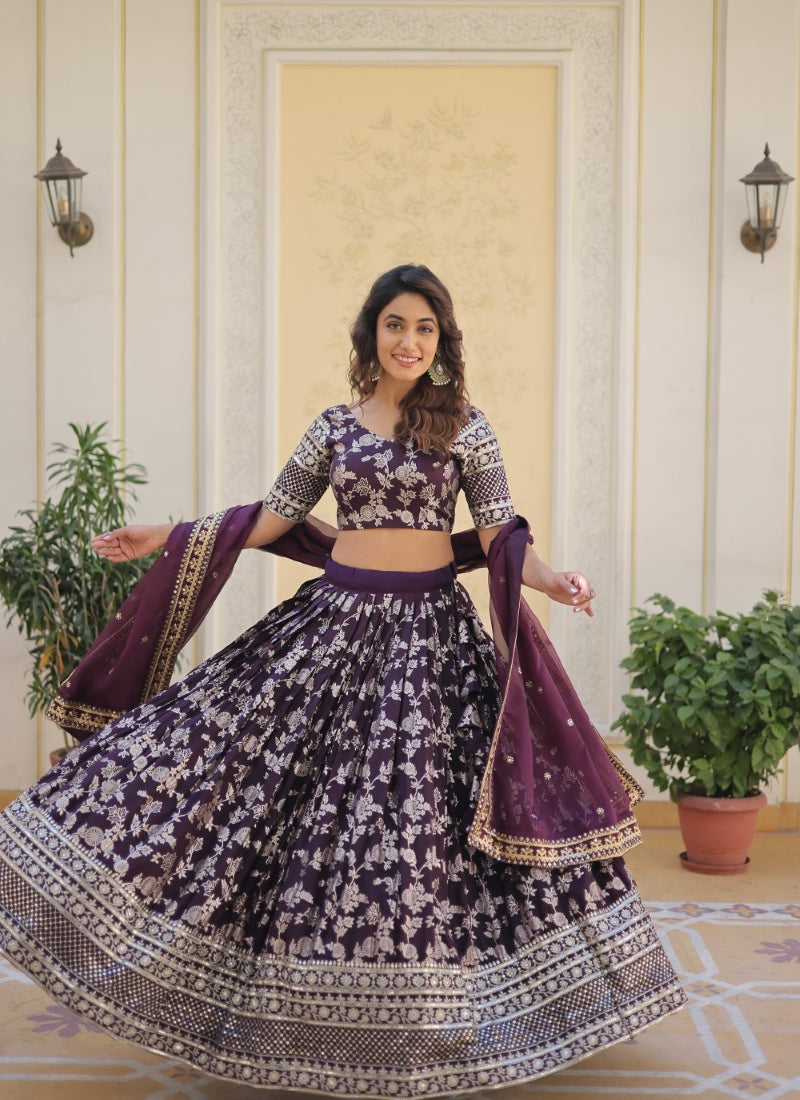 Wine Viscose Lehenga Choli With Embroidered and Sequins Work