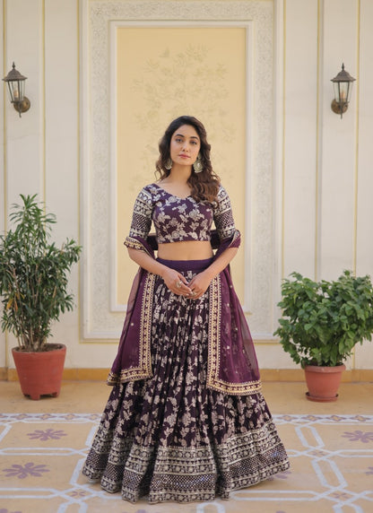 Wine Viscose Lehenga Choli With Embroidered and Sequins Work