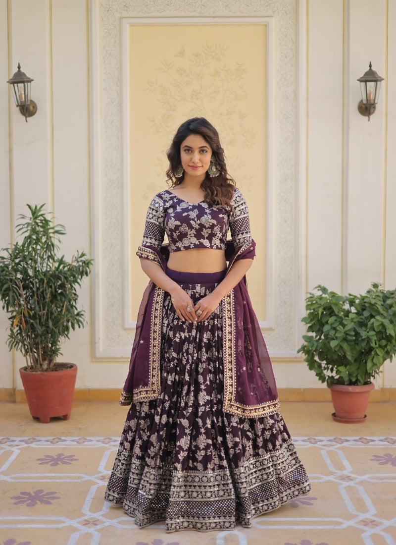 Wine Viscose Lehenga Choli With Embroidered and Sequins Work