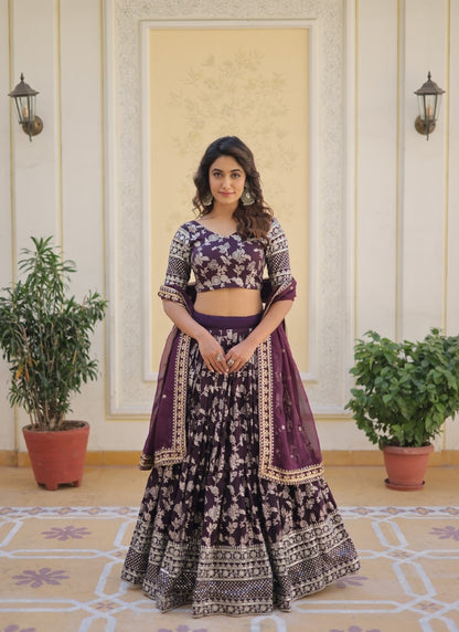 Wine Viscose Lehenga Choli With Embroidered and Sequins Work