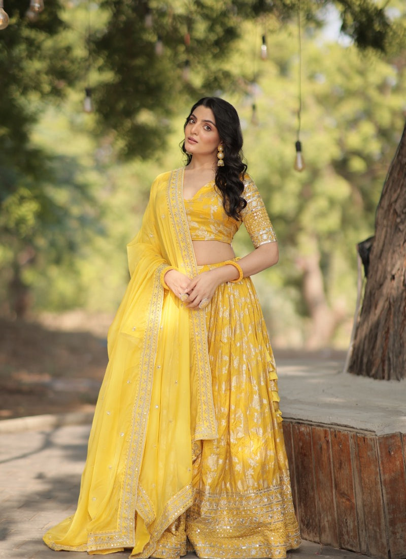 Yellow Viscose Lehenga Choli With Embroidered and Sequins Work