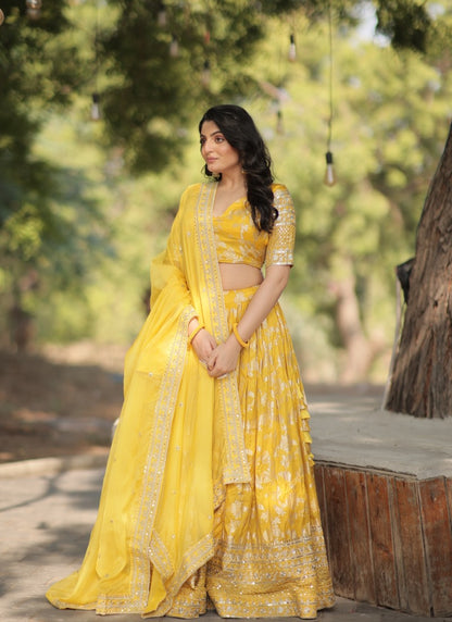 Yellow Viscose Lehenga Choli With Embroidered and Sequins Work