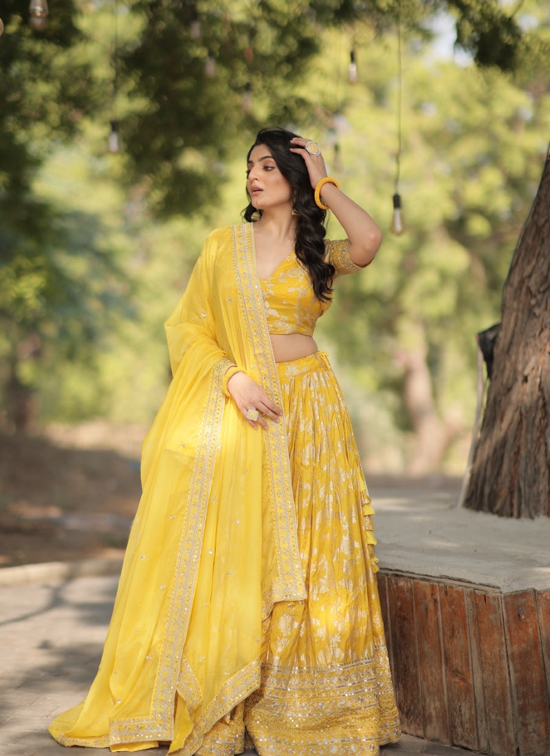 Yellow Viscose Lehenga Choli With Embroidered and Sequins Work