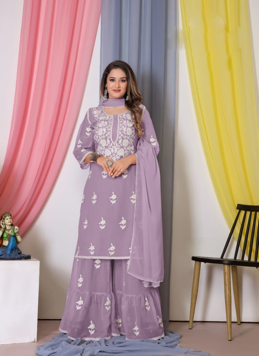 Lavender Georgette Palazzo Suit With Embroidery and Thread Work