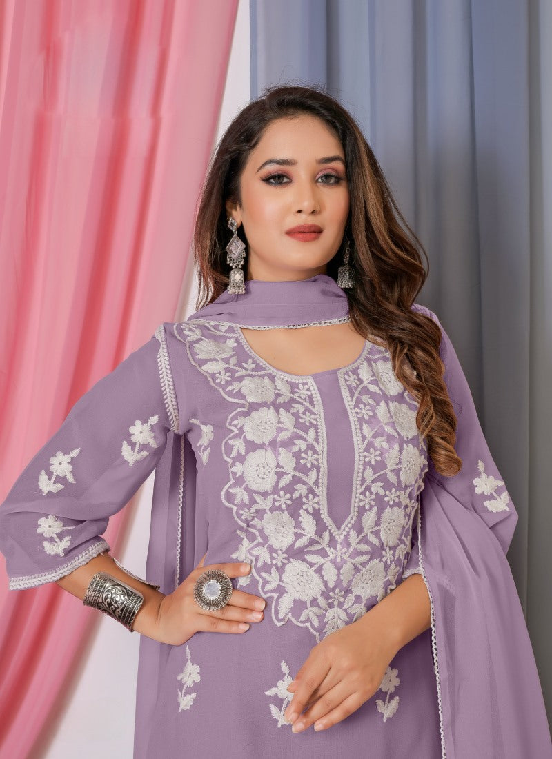 Lavender Georgette Palazzo Suit With Embroidery and Thread Work