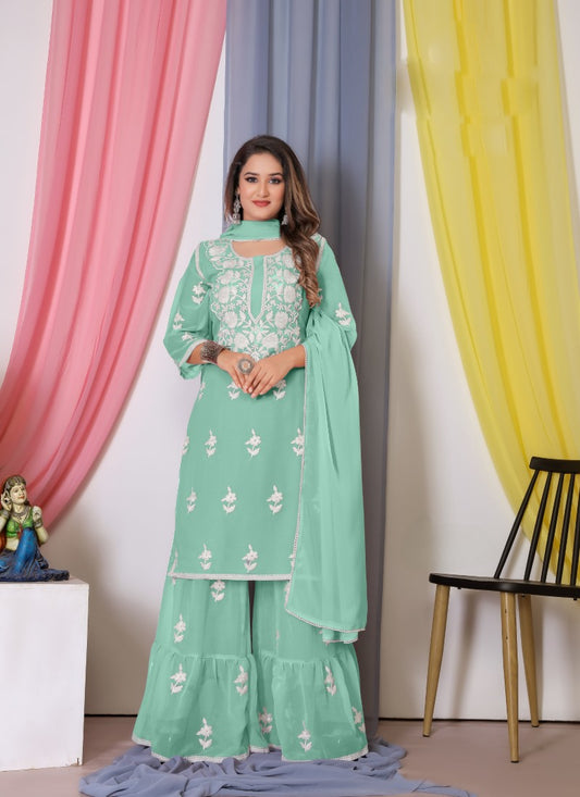 Green Georgette Palazzo Suit With Embroidery and Thread Work