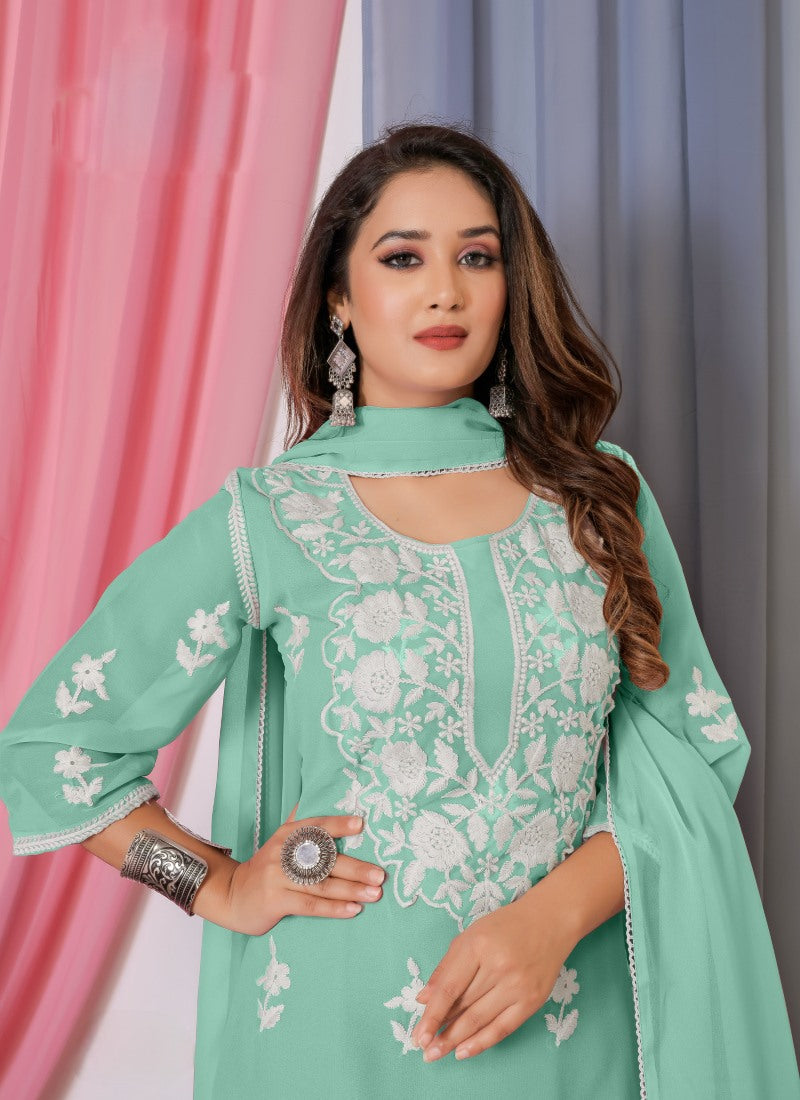 Green Georgette Palazzo Suit With Embroidery and Thread Work