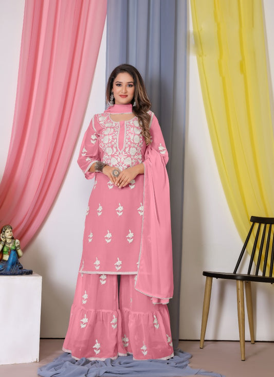 Pink Georgette Palazzo Suit With Embroidery and Thread Work