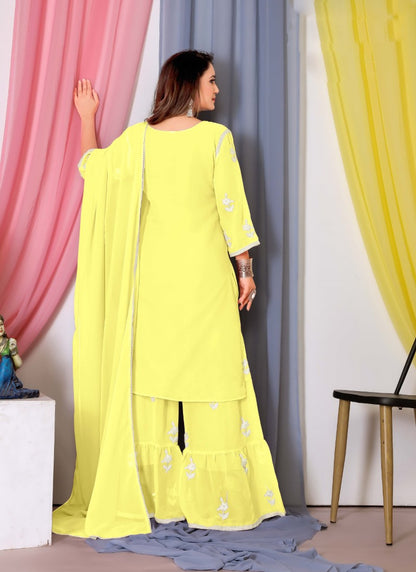 Yellow Georgette Palazzo Suit With Embroidery and Thread Work