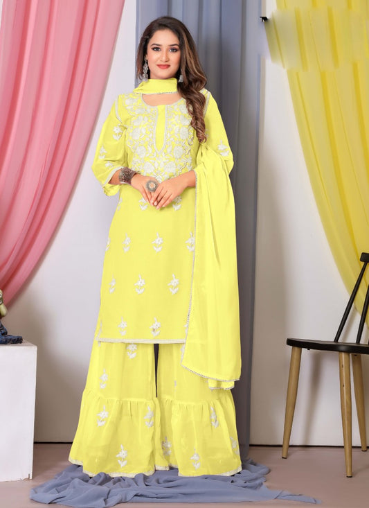 Yellow Georgette Palazzo Suit With Embroidery and Thread Work