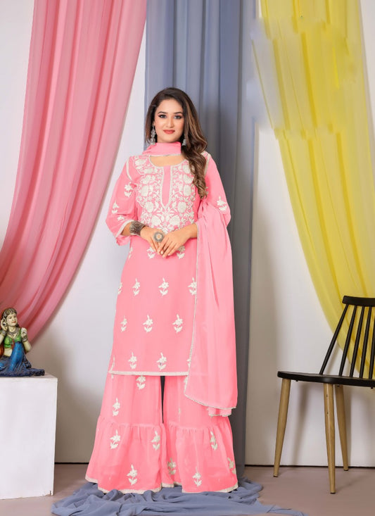 Peach Georgette Palazzo Suit With Embroidery and Thread Work
