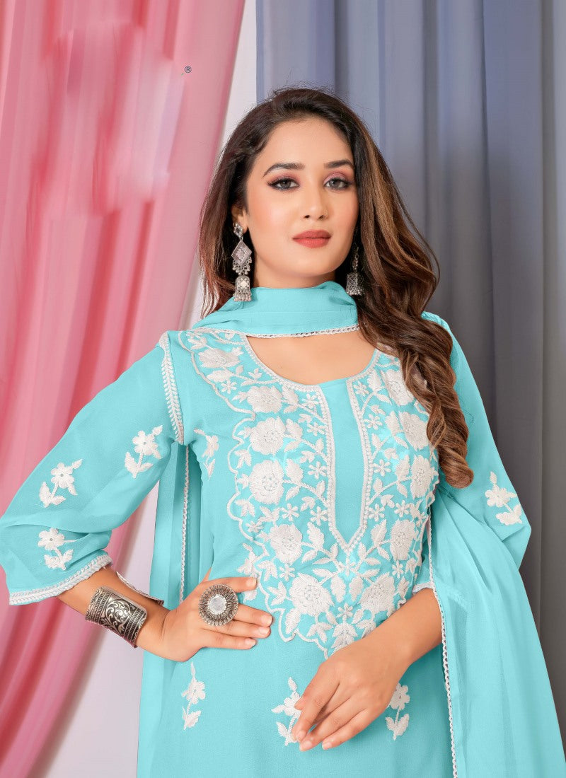 Sky Blue Georgette Palazzo Suit With Embroidery and Thread Work