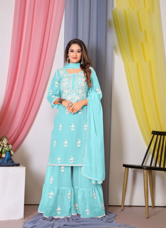 Sky Blue Georgette Palazzo Suit With Embroidery and Thread Work